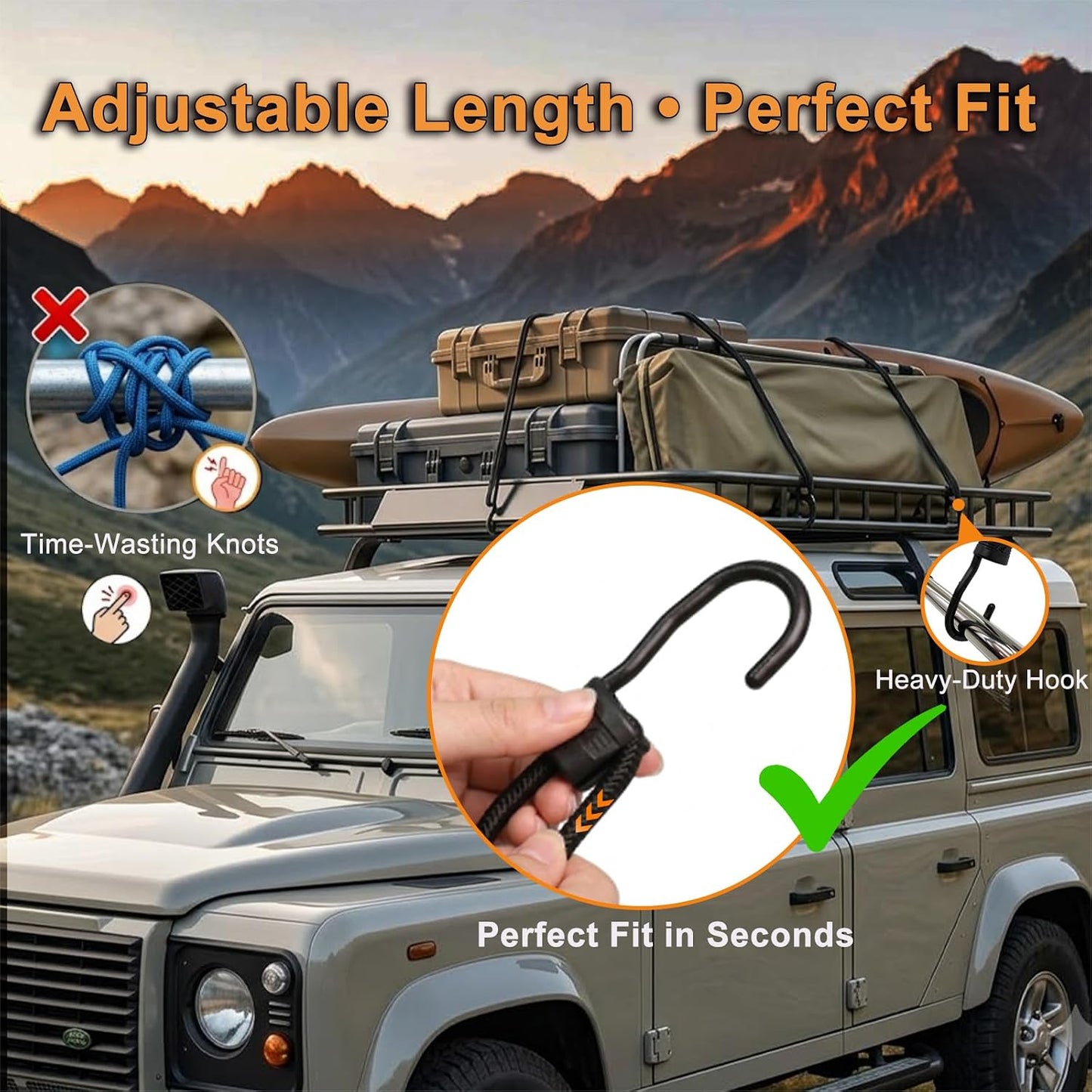 Adjustable Bungee Cords with Hooks Heavy Duty Outdoor (26 Pcs), 3mm Steel Core Anti-Scratch Hooks, Premium Elastic Cord Set with Tarp Clips & Ball Bungees for Camping Gear, Tie Downs & Garage