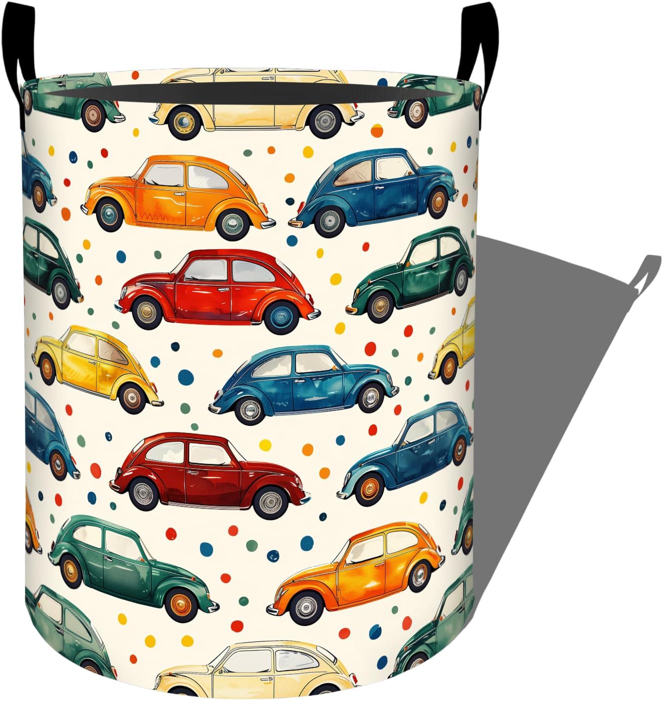 Colorful Cars Polka Dots Pattern Laundry Basket with Handles, 19.7"x15.7" Clothes Foldable Laundry Hamper Organizer for Dorm Nursery Bedroom Bathroom Decor, Toy Storage Bin for Kids