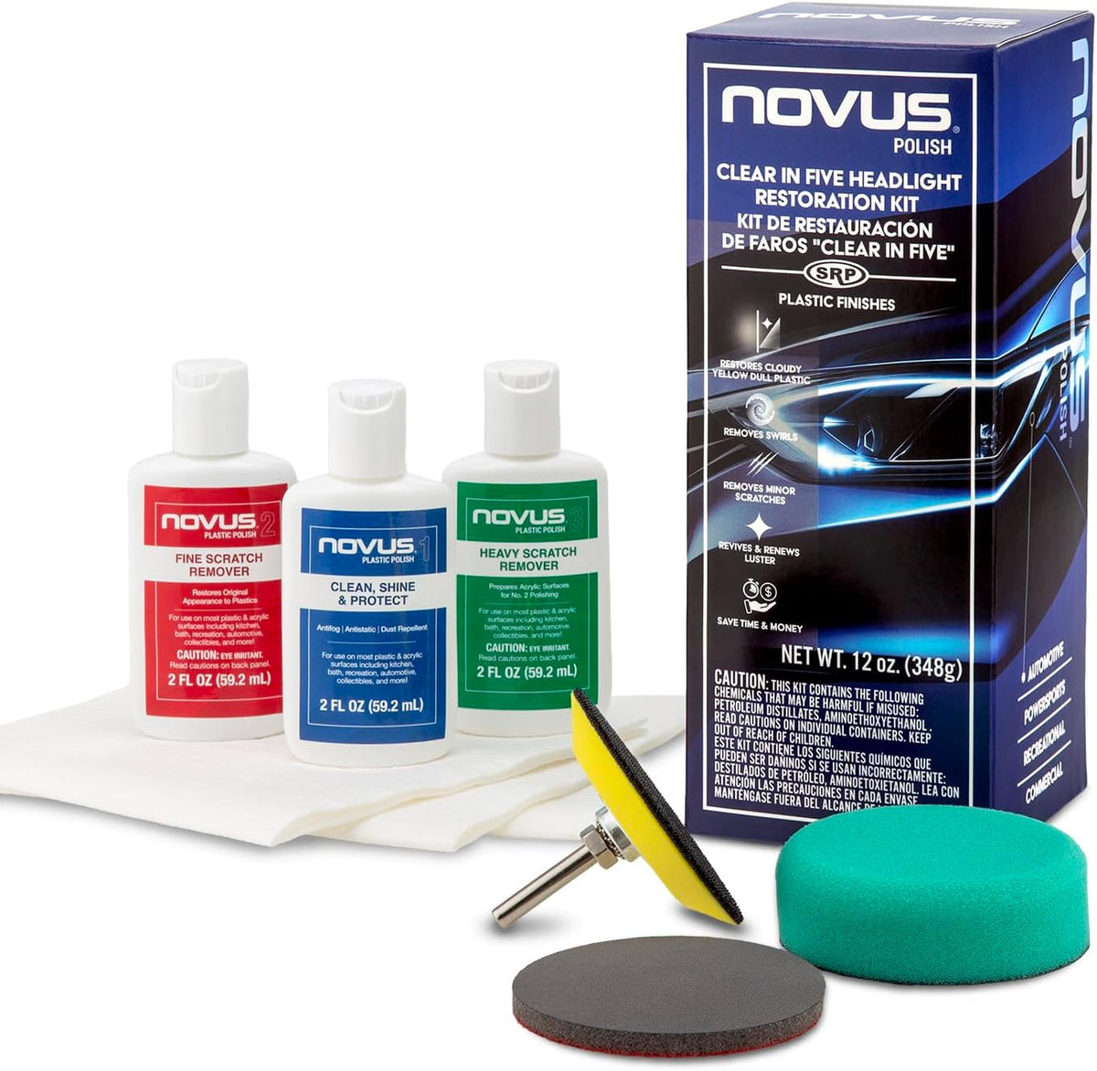 NOVUS-PK1-2 | Plastic Clean & Shine #1, Fine Scratch Remover #2, Heavy Scratch Remover #3 and Polish Mates Pack | 2 Ounce Bottles