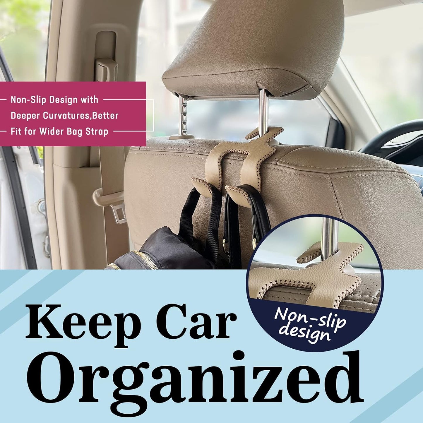 Upgraded Headrest Hooks for Car, 2 in 1 Back Seat Purse Holder Hook Genuine Leather Head Rest Hangers Vehicle Organizer Accessories for Hanging Grocery Bags, 1 Pack, Beige