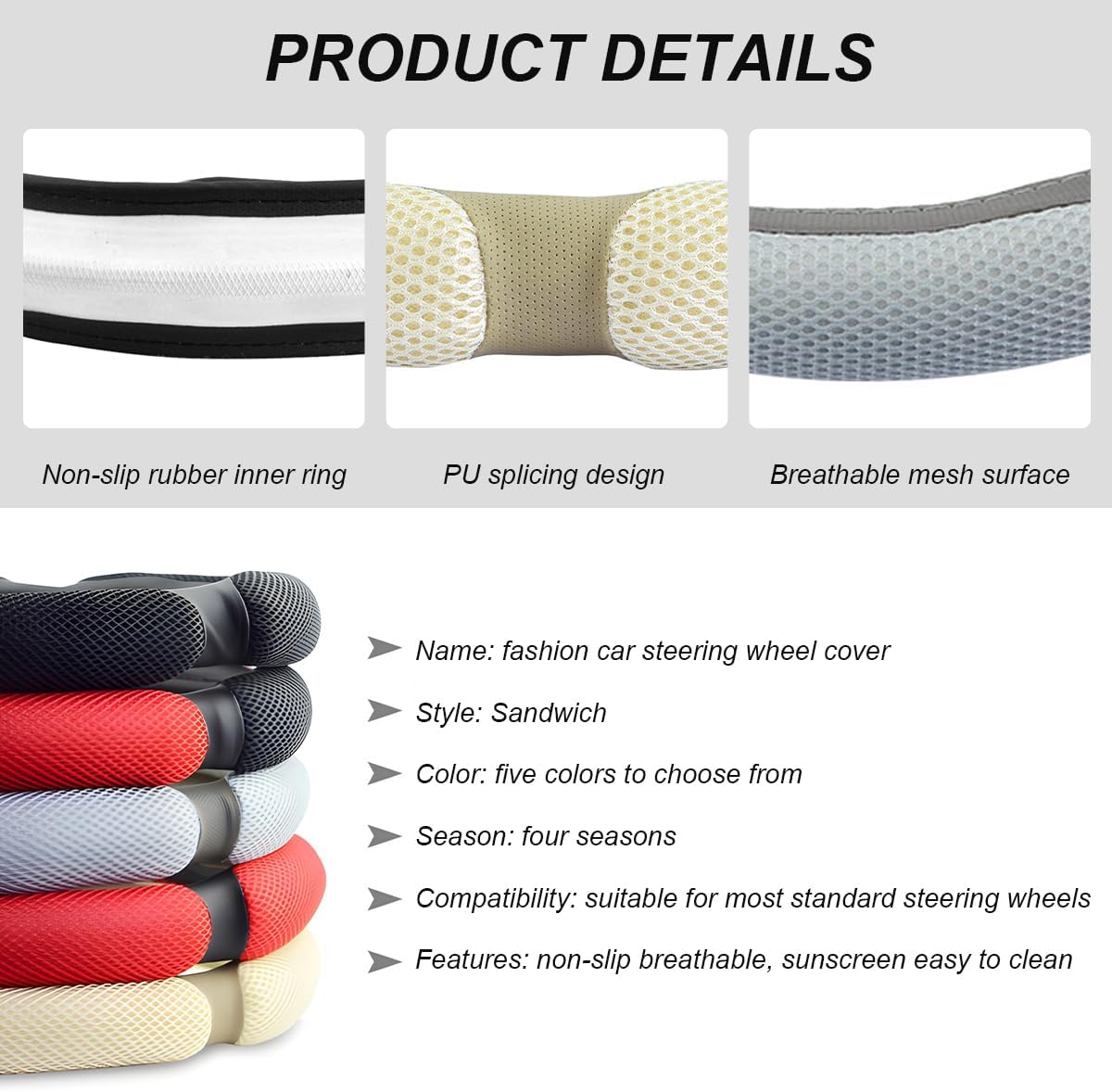 Car Steering Wheel Cover, 15" Anti-Slip Steering Wheel Protector Soft Hand Pad Cushion, Breathable Ice Silk Auto Wheel Wraps Comfy Grip All-Season Protector for Most Vehicles (Black)