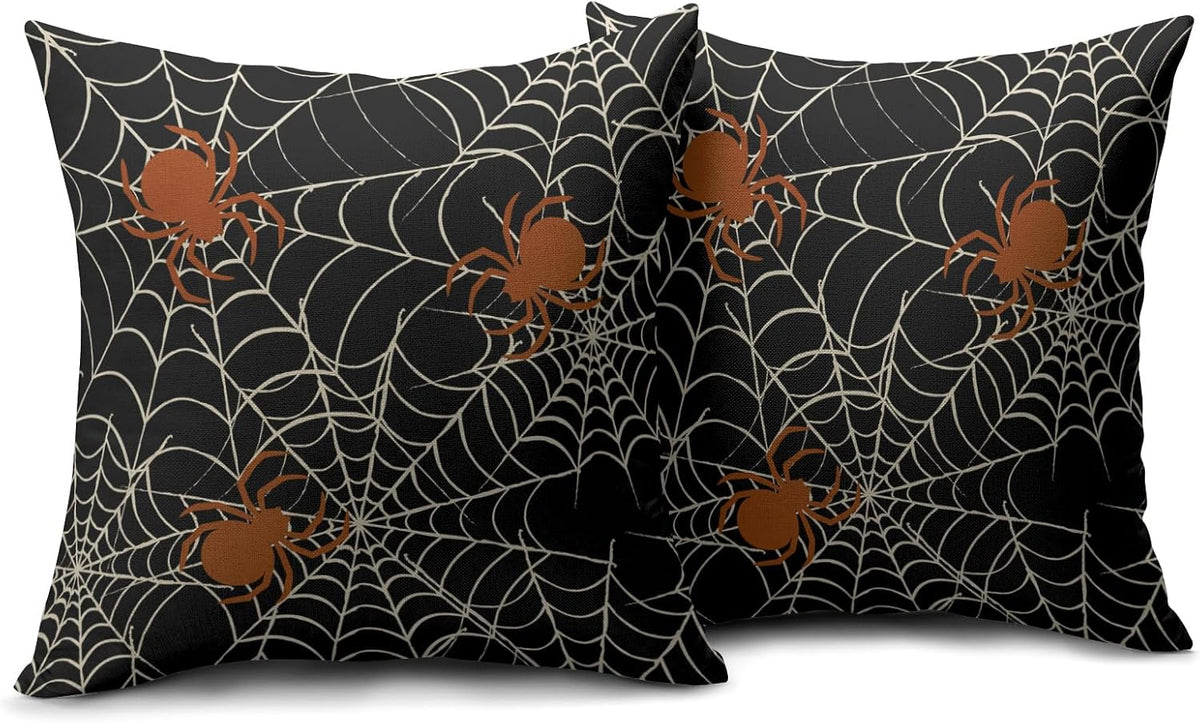 Halloween SpiderWeb Pillow Covers 18x18 Set of 2 Black White Spider Web Orange Spider Outdoor Decorative Throw Pillows Scary Farmhouse Pillowcases Linen Cushion Case Decor for Home Sofa Couch Bed