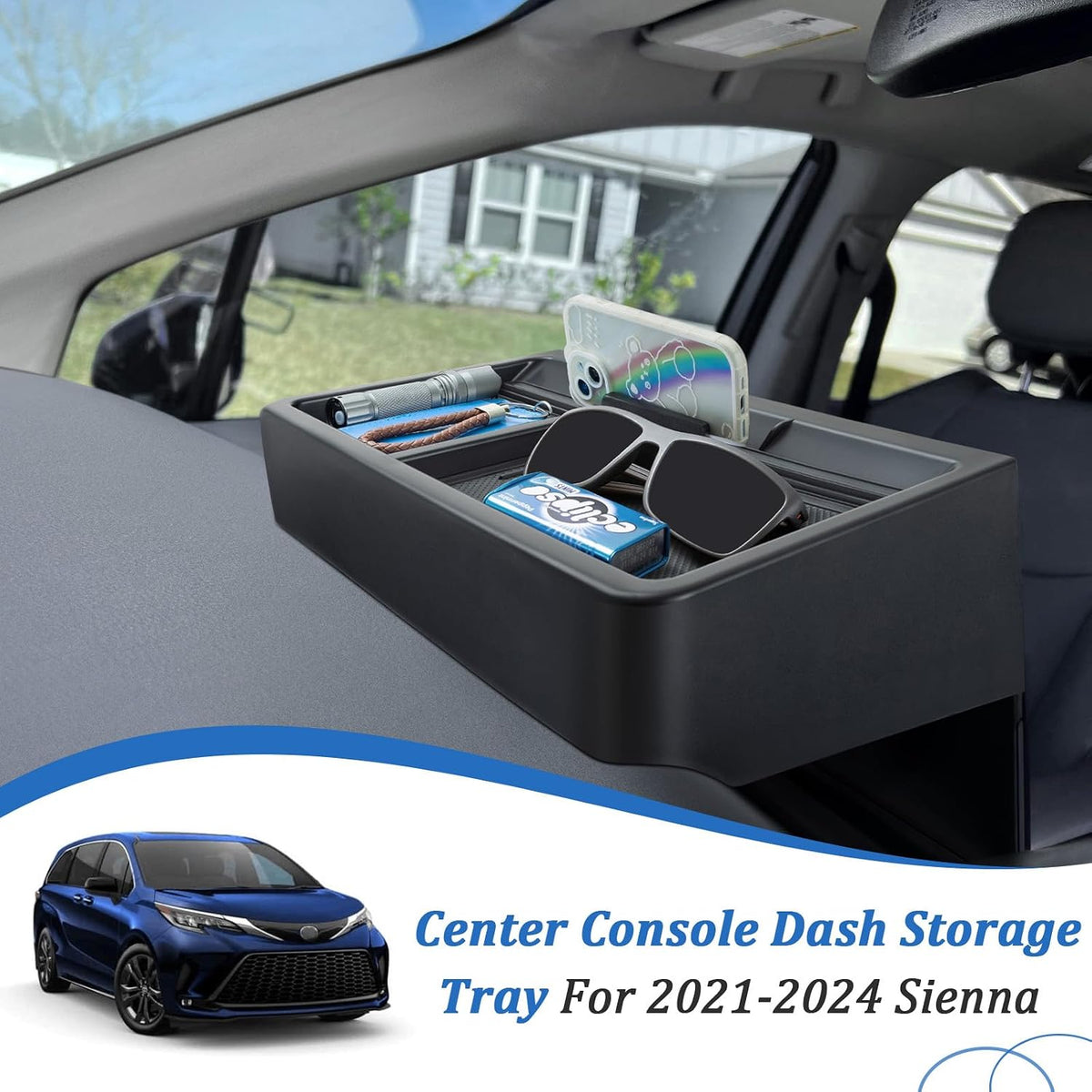 TOPINSTALL 21-24 New Dash Tray Compatible with 2021-2024 Toyota Sienna Interior Accessories, Dashboard Hidden Storage Organizer Behind Screen Tissue Sunglasses Phone Holder (Not for 2025)