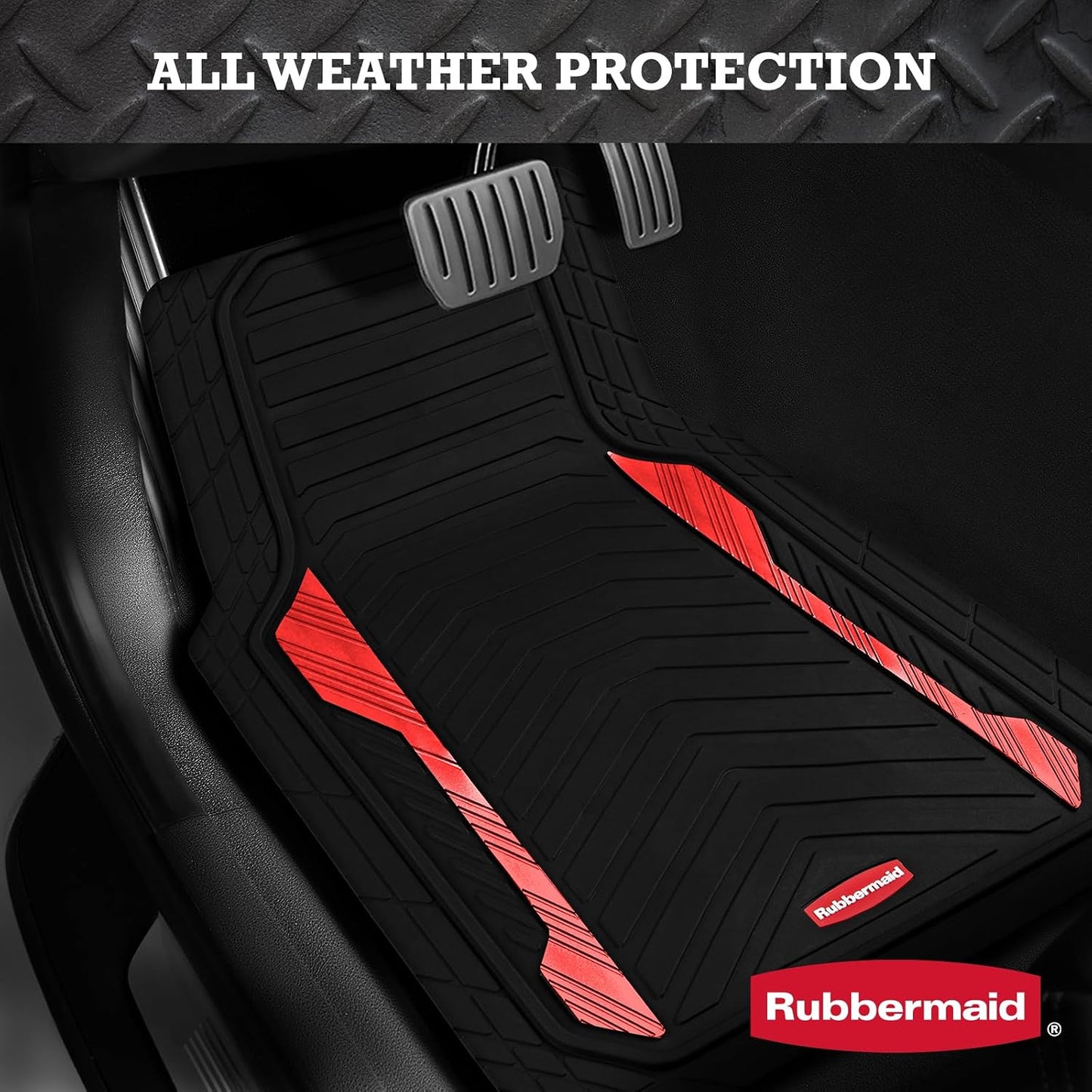 Rubbermaid Car Floor Mat, Heavy Duty All-Weather Car Mats Full Set with Dual-Tone Red Aluminum Inserts – Universal Fit, Anti-Slip Backing, Trim-to-Fit for Most SUV, Sedan, Van