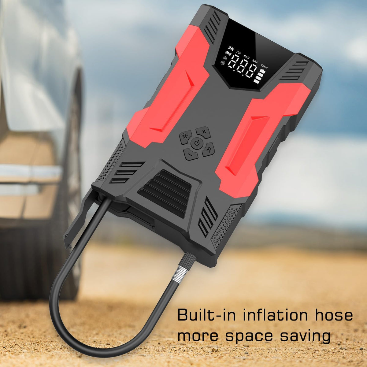 Car Jump Starter with Air Compressor, 3000A Peak Portable Battery Built-in Air Compressor and Air Hose, 150PSI Tire Inflator Up to 7.0L Gas/5.0L Diesel USB QC 3.0 10000mAh Power Bank, LED Flashlight