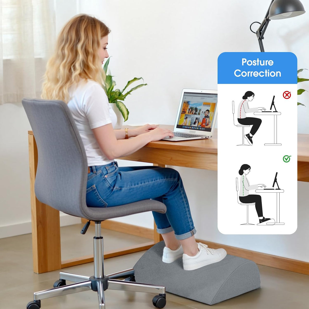 Foot Rest for Under Desk with 3 Heights, Foot Stool, Light Grey