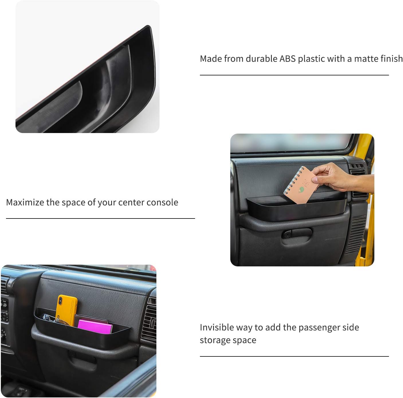 JeCar TJ GrabTray Passenger Storage Tray Organizer Grab Handle Accessory Box for 1997-2006 Jeep Wrangler TJ 2-door/4-door, Interior Accessories, Black