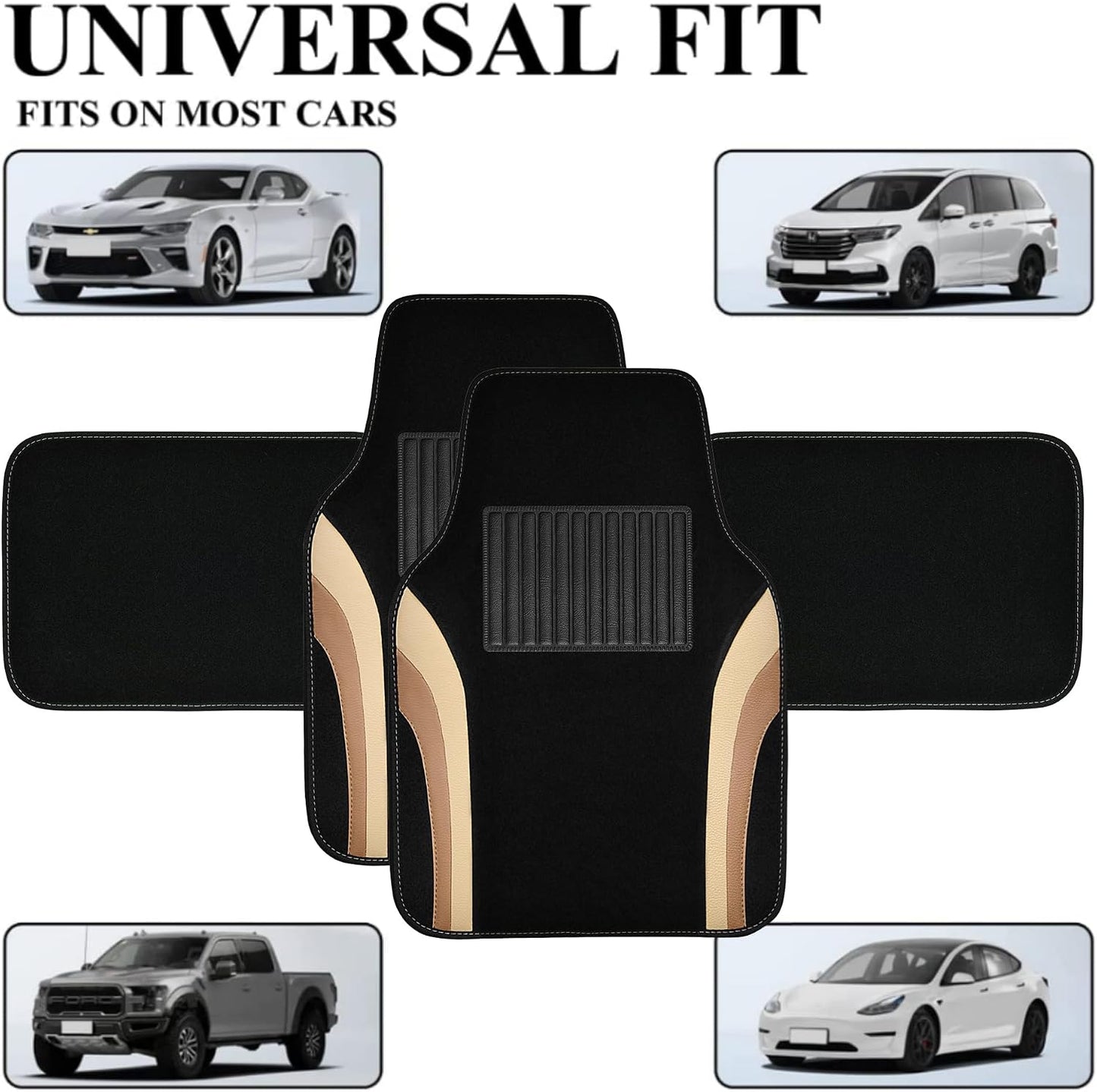 CAR PASS Beige Leather Car Floor Mats, Sporty Waterproof Car Carpet,Universal Automotive Floor Mats Fit for Sedans, Cars, Mid Trucks, Vans, SUV, Set of 4 (Black and Beige)