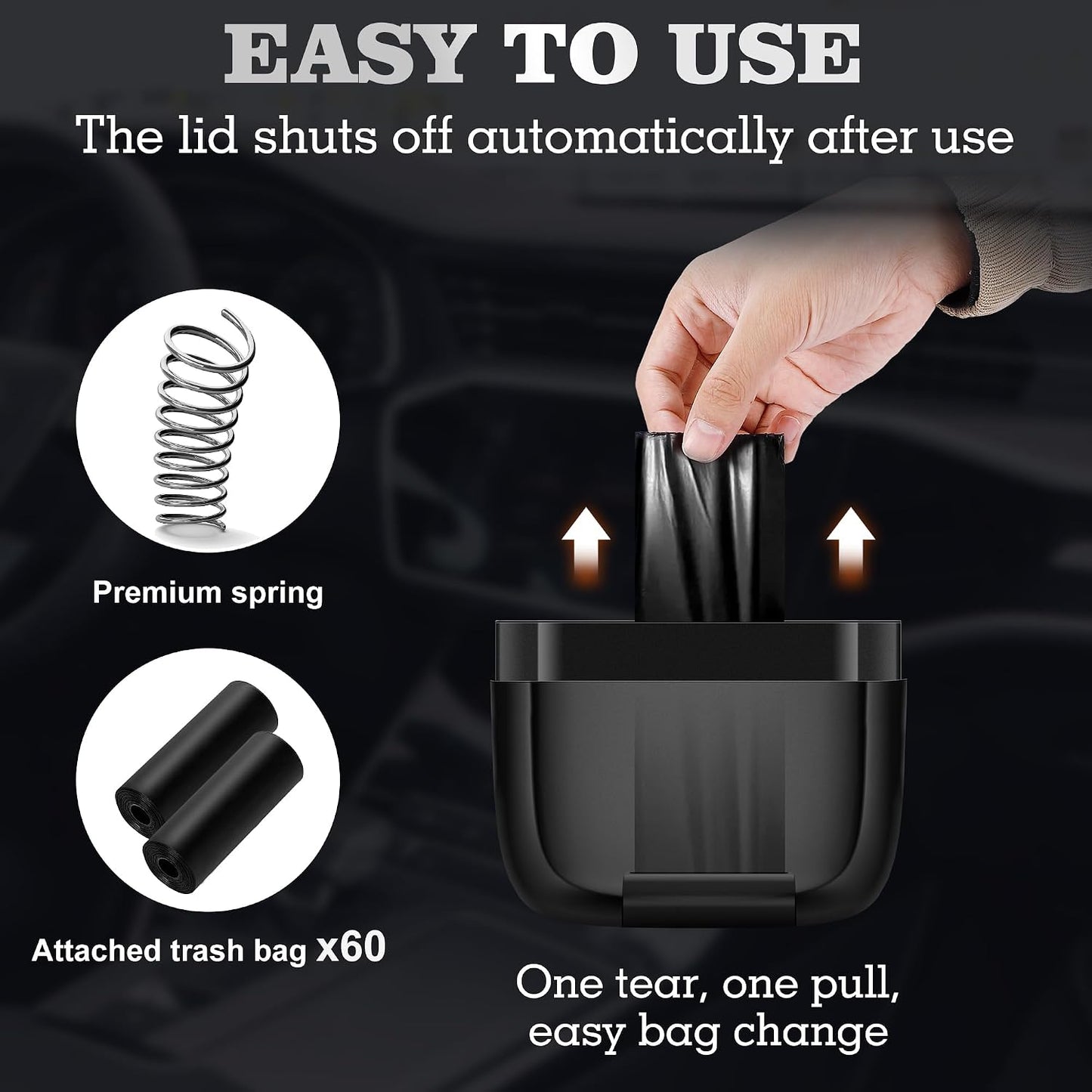2 Packs Car Trash Can with Lid，Built-in Storage Garbage Bag，Leakproof Vehicle Trash，Car Accessories for Interior,Mini Garbage Bin for Automotive, Office, Kitchen,Bedroom，with 60pcs Trash Bags