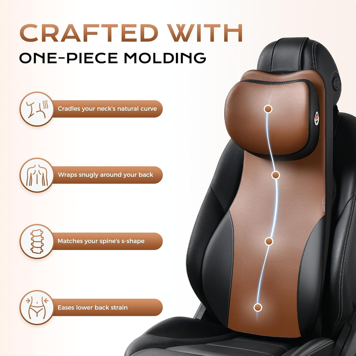 Coverado Neck and Lumbar Support for Car, Ergonomic Memory Foam& Breathable Leather Car Back Support, Adjustable-Height Velcro Design Car Neck Pillow, Car Cushion Neck Back Pain Relief, Black&Brown