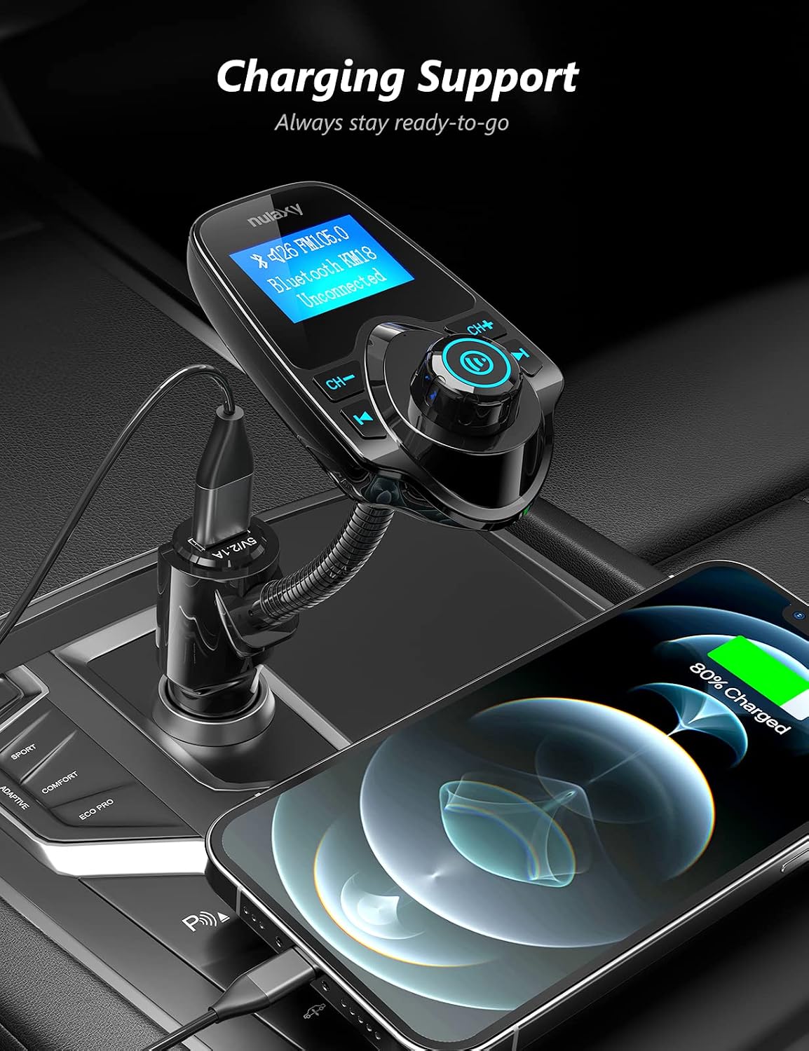 Nulaxy Bluetooth 5.4 Car Adapter FM Transmitter with 1.44" LCD Screen Black