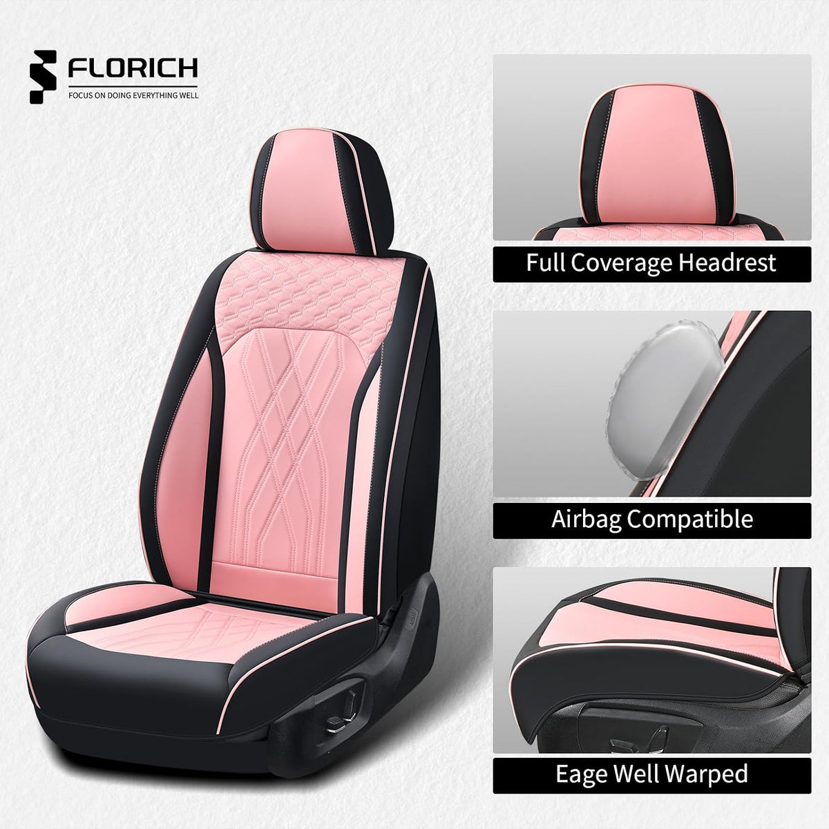 FLORICH Automotive Seat Covers Leather Pink Seat Covers for Cars Front Seats Waterproof Breathable Car Seat Cushion Comfort Interior Covers Universal Fit for Most Car Truck SUV Driving, Black&Pink