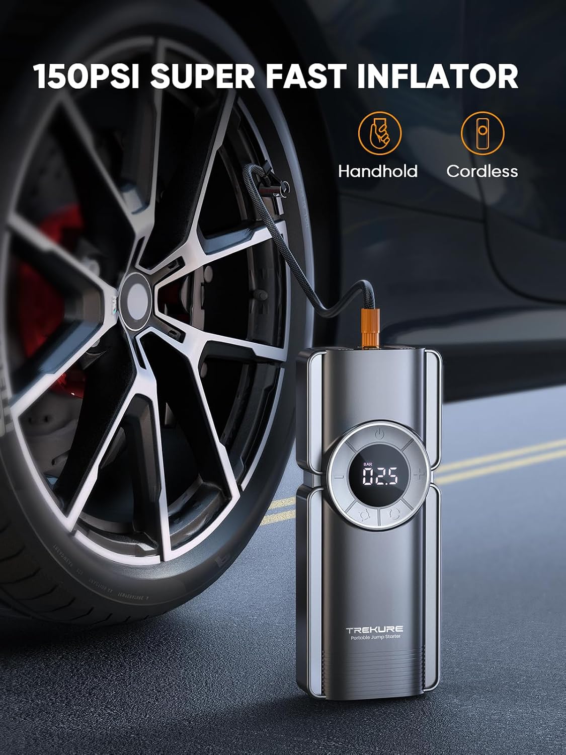 TREKURE Portable Car Jump Starter with Air Compressor, 150PSI 7000A Car Battery Jump Starter Battery Pack (9L Gas/8L Diesel), Safe Jumper Starter Portable Jump Box with Display, Emergency Light