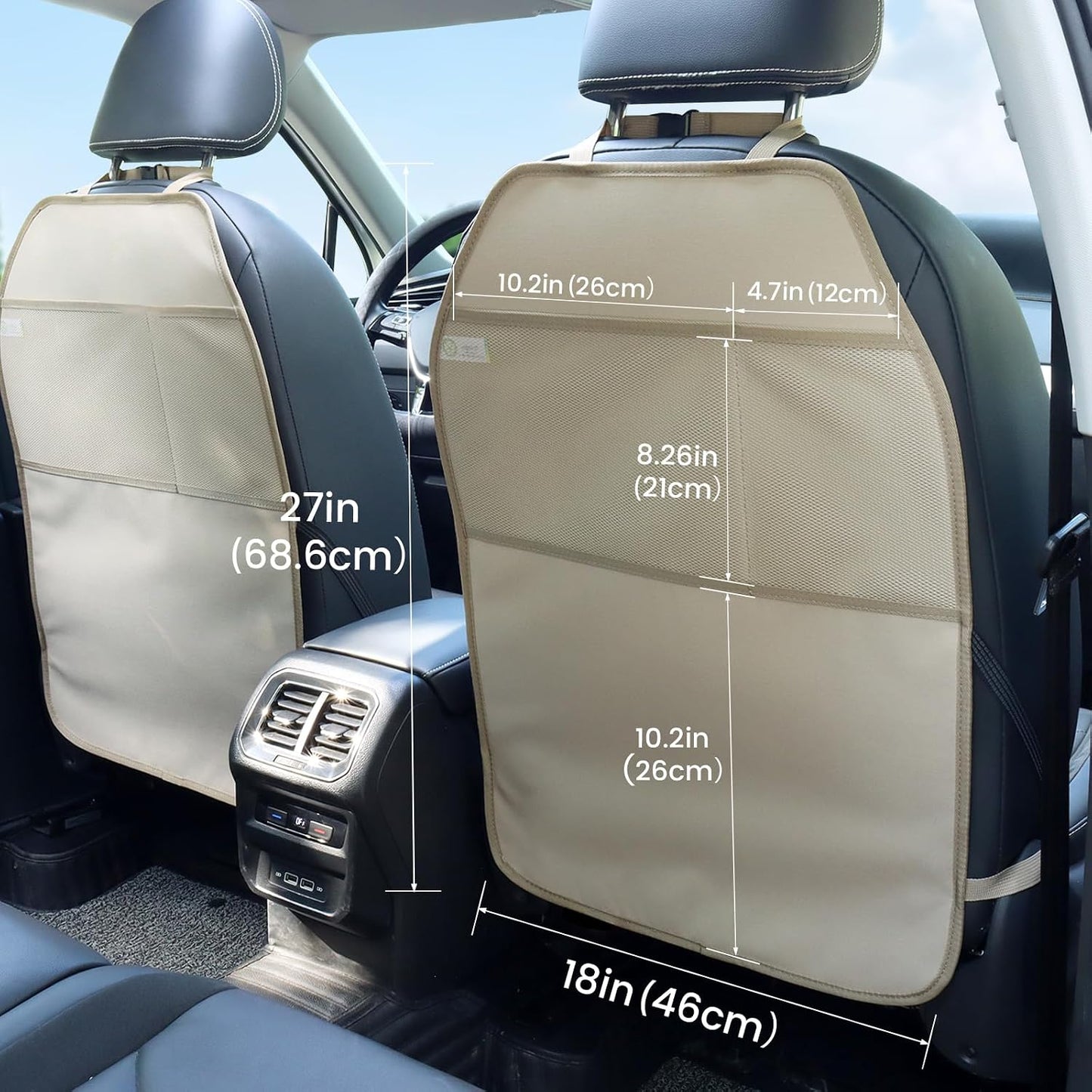 Viaviat Car Seat Protector Large Kick Mat 2 Pack Durable Water Resistant Auto Seat Back Covers with 2 Mesh Pockets Protection Against Dust Mud Scratches (Beige-A, 2-Pack)