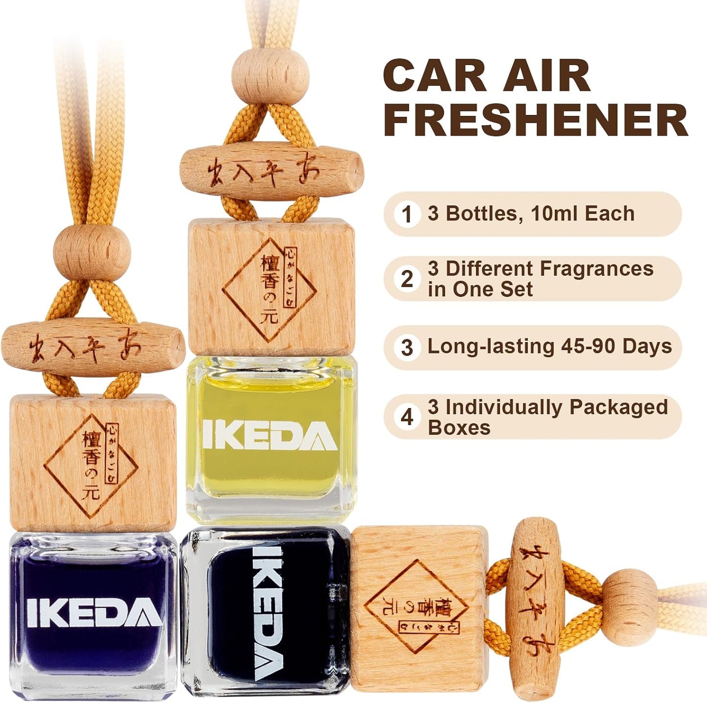 Ikeda Car Air Freshener, Hanging Essential Oil Diffuser For Automotive, 45+ days Long Lasting Fragrance, Includes: Dark Night and Coconut and New Car (10ml Pack of 3)