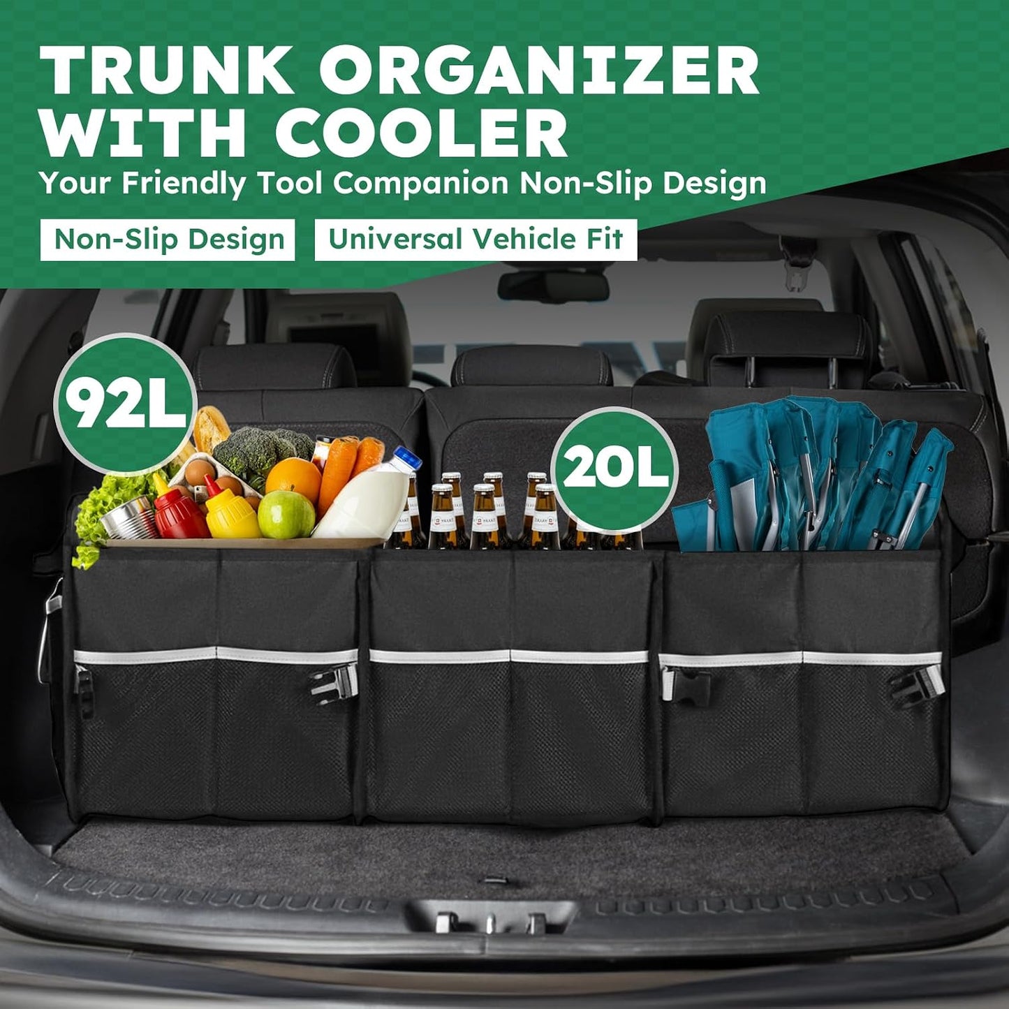 112L Large Capacity Car Trunk Organizer with 20L Insulated Fresh-Keeping Bag, Heavy-Duty 600D Waterproof Oxford Collapsible Storage for SUV, Sedan, Truck, 2 Securing Hooks & Reflective Strips