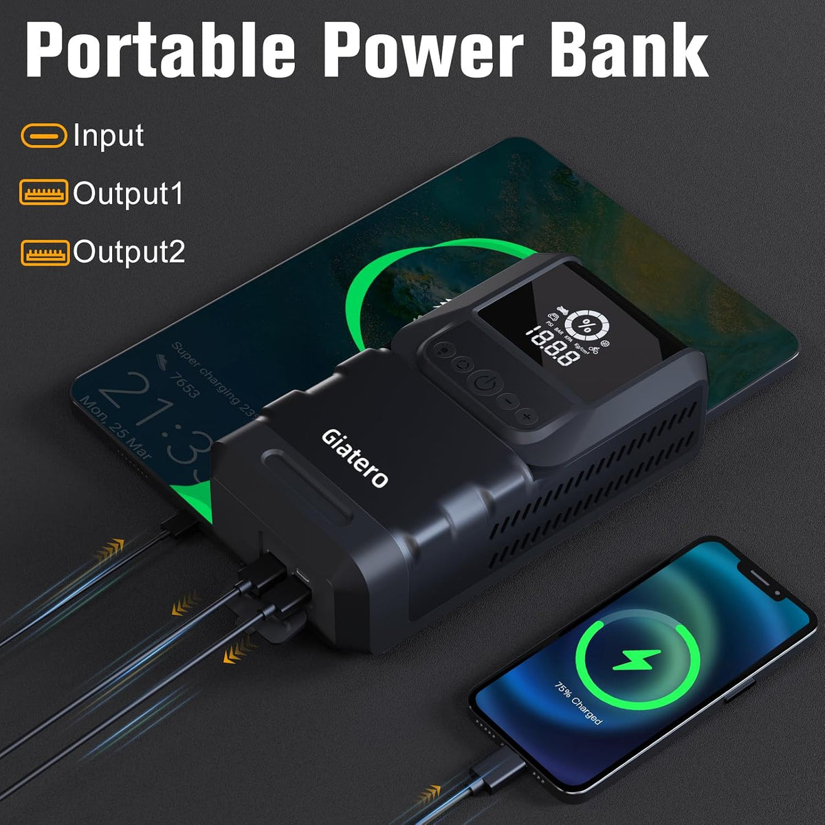 Q13 6000A Portable Car Jump Starter with Air Compressor 150PSI, Car Jumper Starter Portable(10.0L Gas/8.0L Diesel), 12V Jump Box with 3 Modes Flashlight & Jumper Cable, LCD Display Power Bank