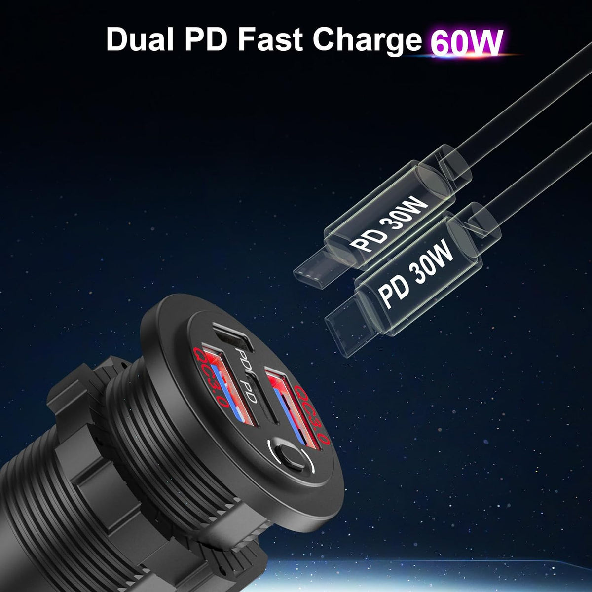 2 Pack Red 12V USB Outlet Dual PD 30W USB C Port and Dual USB QC 3.0 Port with Power Switch, 78W Multiport Car Charger Socket Waterproof DIY Accessories for Car Boat Marine Motorcycle RV ATV