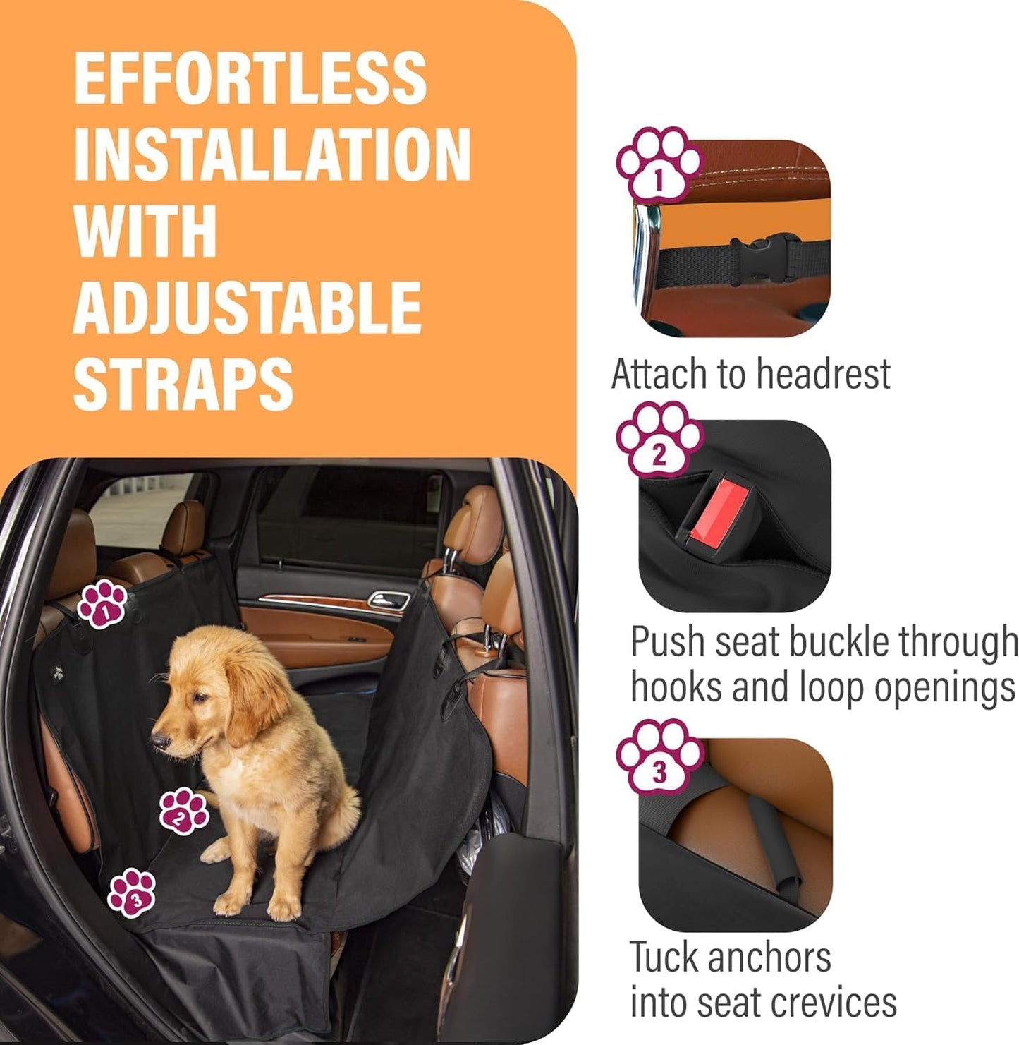 Active Pets Waterproof Hammock Standard Car Seat Cover, Fits Sedans Hatchbacks Crossovers Coupes Compact Vehicles, Secure Convertible Travel Bed Protects Backseat Cargo from Dogs, Black w/Black Trim
