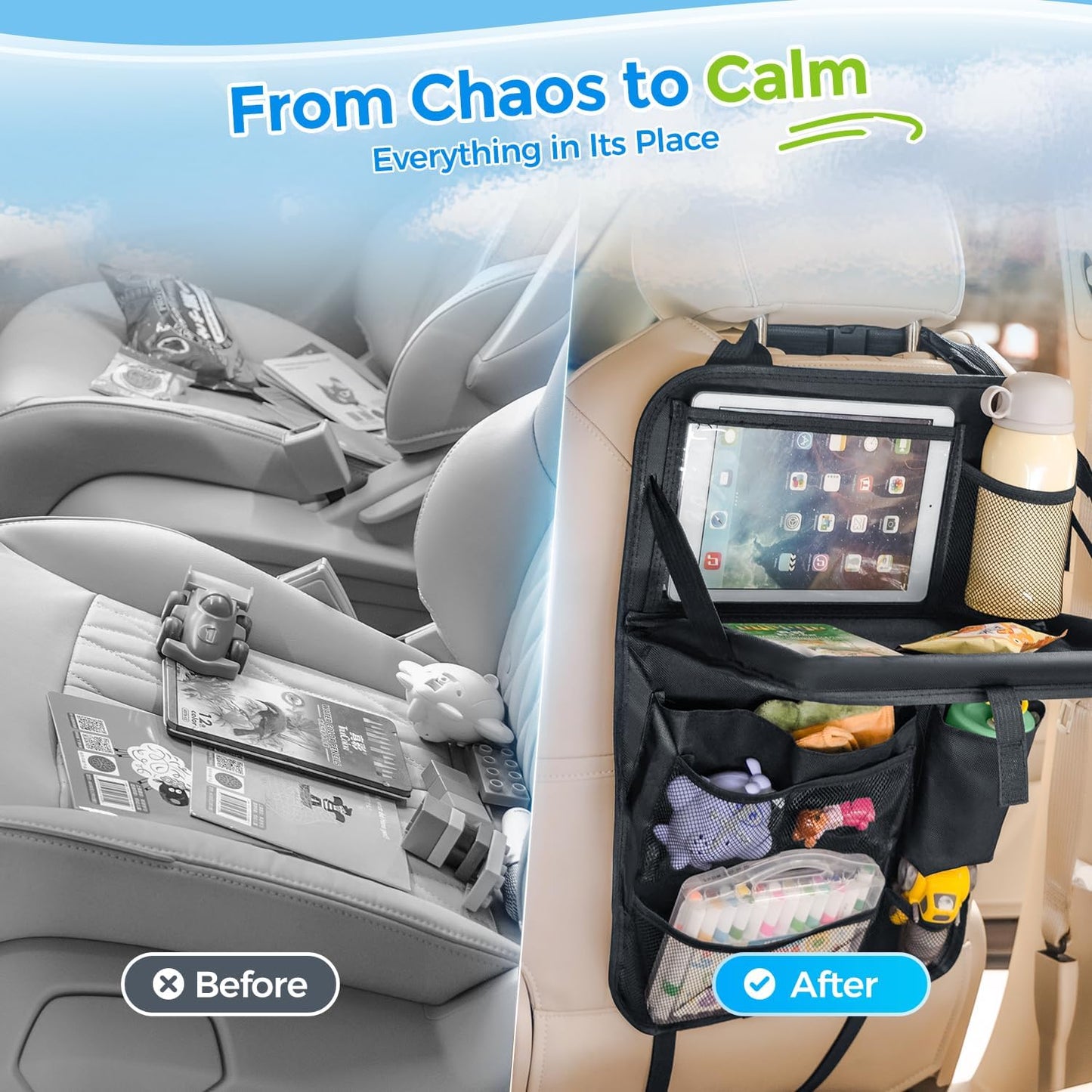 Tsumbay Backseat Car Organizer with Foldable Tray, 9 Pockets, Kick Mat Seat Protector, 18KG Capacity, Waterproof Oxford Fabric for Kids, Family Travel - for Car, SUV, Van (Oxford-2Pck)