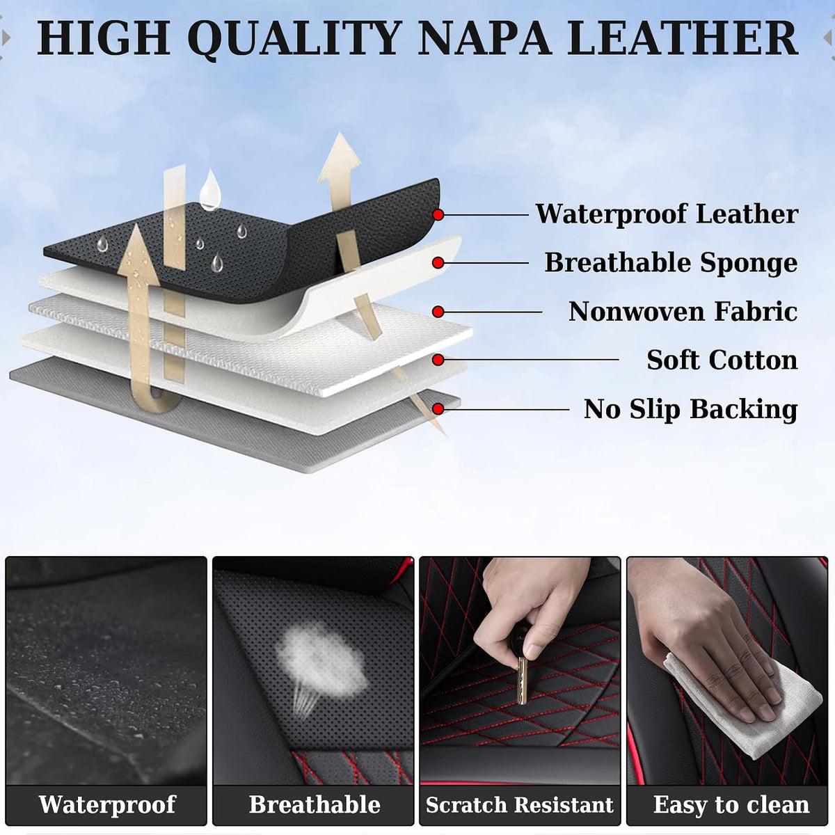 Coverado Tacoma Seat Covers, Car Seat Covers Front Seats, Leather Seat Covers for Cars Car Seat Protector Cushion Tacoma Accessories Custom Fit 2005-2023 Toyota Tacoma Double/Crew Cab(Red)