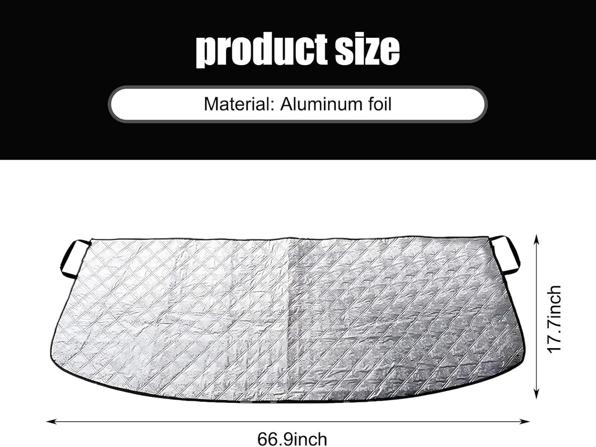 1 PC Car Front Windshield Rain Trough Cover, 66.9" x 17.7" Block Fallen Leaves Dust and Frost Protector for All Seasons, Adsorption Sunshade with Elastic Belt, Universal for Cars (Silver)