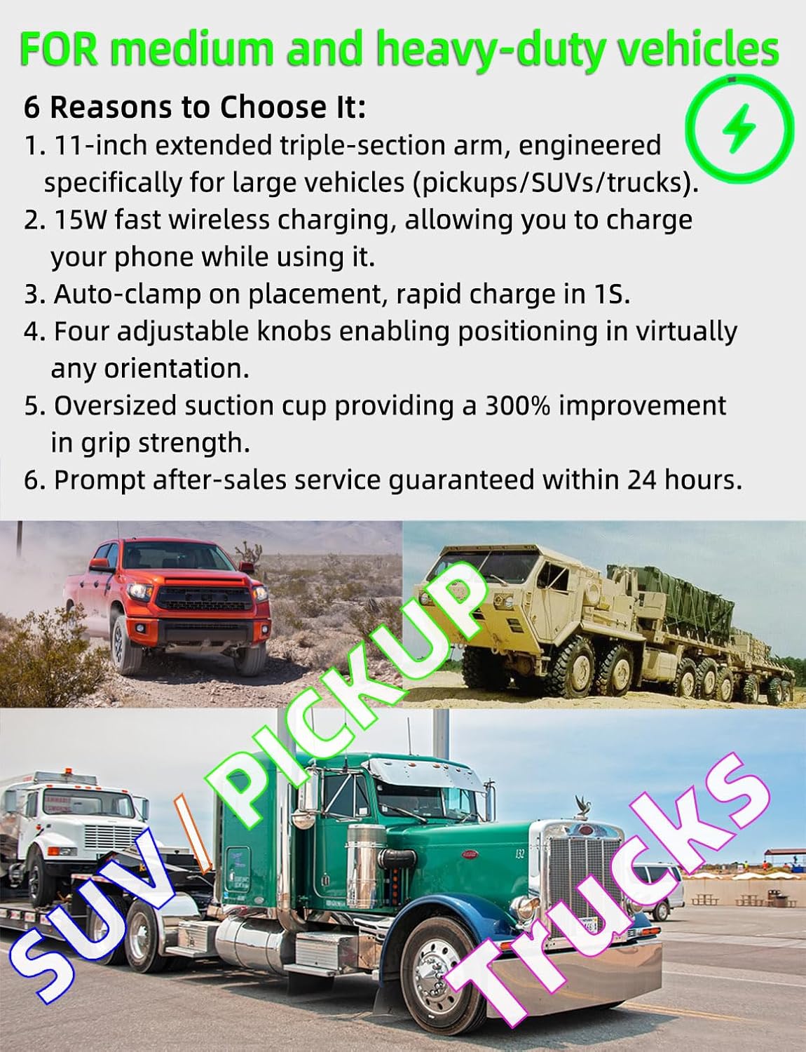 Wireless Car Charger Phone Holder Mount for Truck, 15W Fast Charging