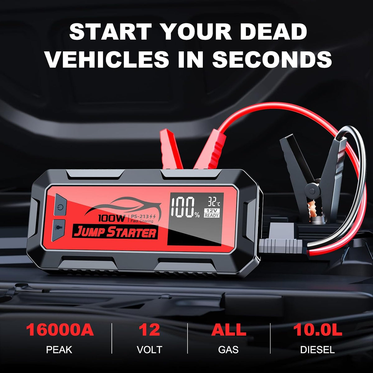 16000A Battery Jumper Starter Portable, PD 100W Output Power Bank, 12V Car Starter Jump Box & Battery Booster for All Gas & Up to All Diesel Engines
