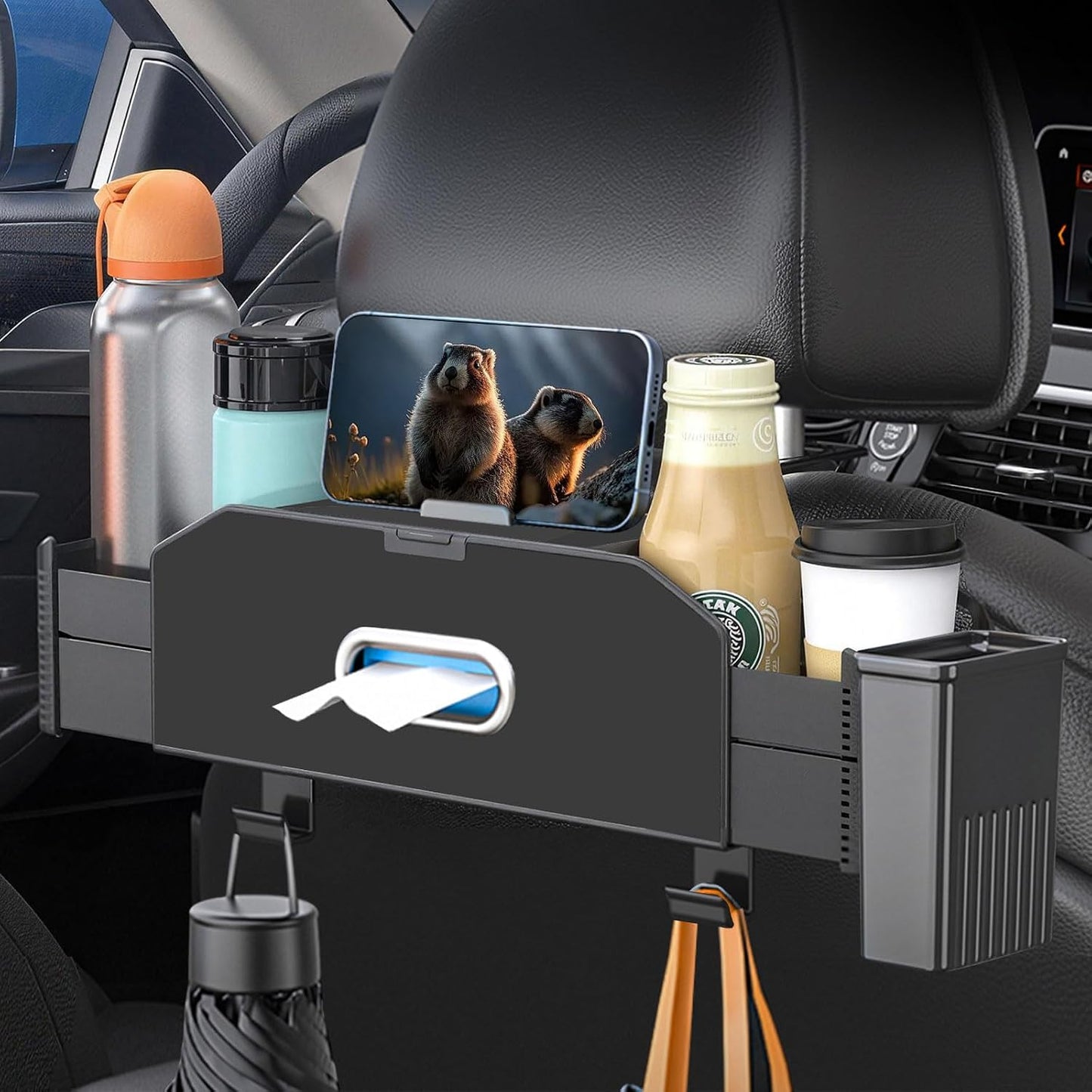 Back Seat Car Organizer,5 in 1 Multifunctional Car Back Seat Storage Box with Trash Can Drink Cup Holder Tissue Box, for Hold Phone,Snacks, Drinks, Handbag-Beige