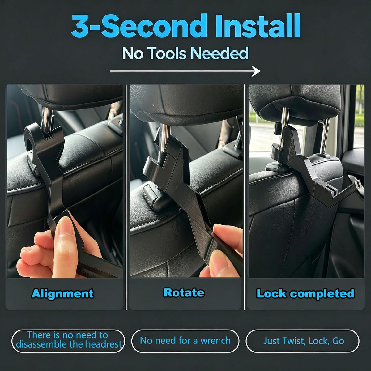 2 Pack Hard Hat Holder – Quick-Install Truck Headrest Hook(Black)