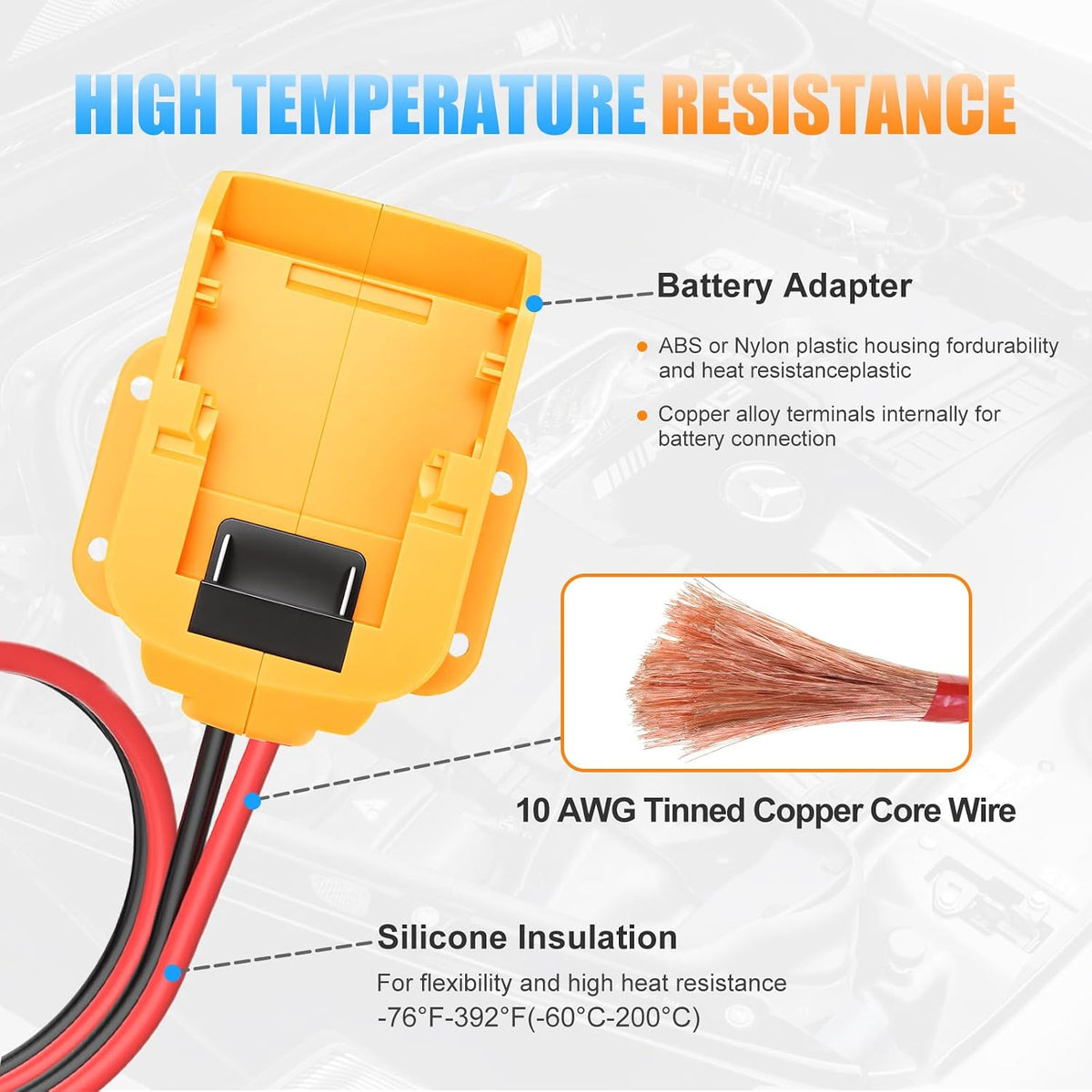Jumper Cable Adapter for Dewalt 20V Battery, 10AWG Jump Starter Cable