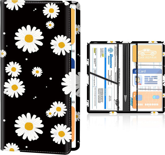 Premium Leather Car Registration and Insurance Card Holder with Magnetic Shut, Cute Vehicle License Document Glove Box Compartment Organizer Cool Car Accessories Black Daisy Floral