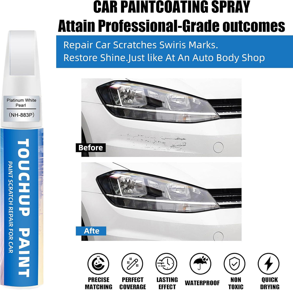 Platinum White Pearl (NH-883P) Touch Up Paint for Honda 2-in-1 Car Scratch Repair Pen for Rock Chips, Door Scratches & Paint Nicks Exact Color Match Quick Dry DIY Fix for Civic Accord CR-V