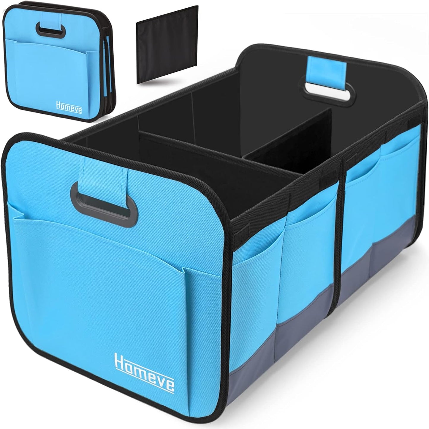 Homeve Car Trunk Organizer for SUV, 18.5Gal Large Capacity No-Sag Heavy Duty, Foldable Waterproof Anti-Slip Storage with 12 Pockets, Fit Sedan, Truck, Universal Car Accessories, Blue, 2 Compart,Large