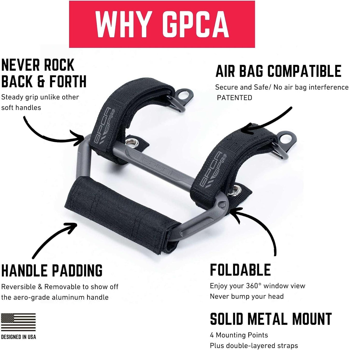 GPCA GP Grip Air Grab Handles Designed for 2024, 2025, 2026 Jeep Wrangler JL, JT & Jeep Gladiator 4xe w/Airbag Compatible - Aero-Grade Aluminum, Patented Foldable Design, Easy Installation