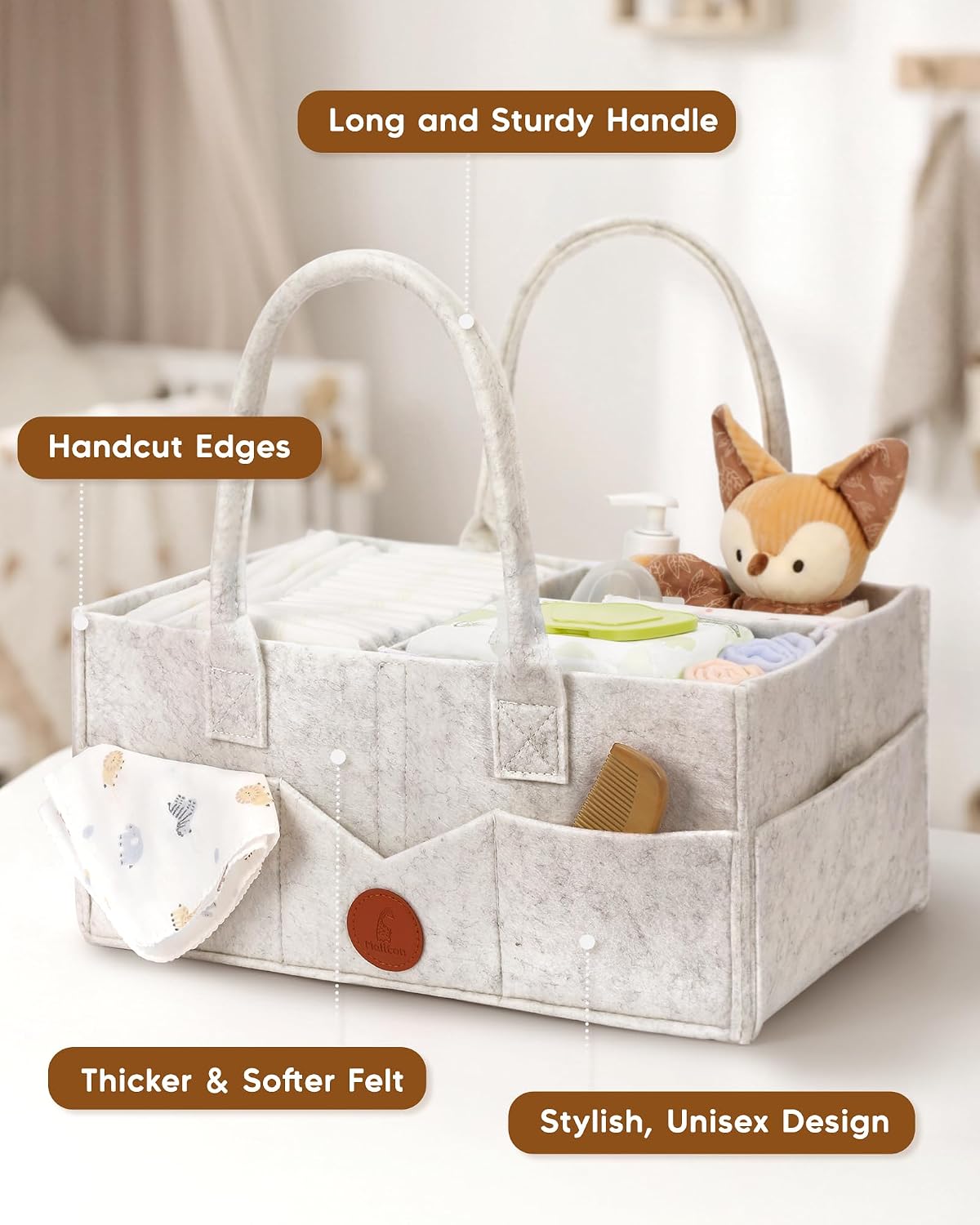 Maliton Baby Diaper Caddy, Nursery Storage Bin & Car Organizer with Handle, Large Felt Bag for Newborn essentials Boy or Girl, Changing Table Organizer for Baby Stuff, 15" x 9" x 7" Baby Shower Basket