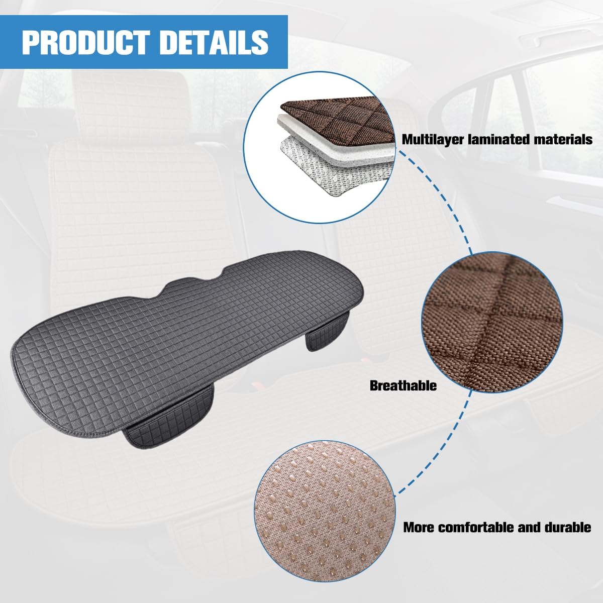 Car Back Seat Cover, Linen Breathable Vehicle Rear Bottom Bench Seat Protector with Storage Pocket, Anti-Slip Comfortable Long Automotive Rear Chair Cover, Universal for Vehicles (Gray)