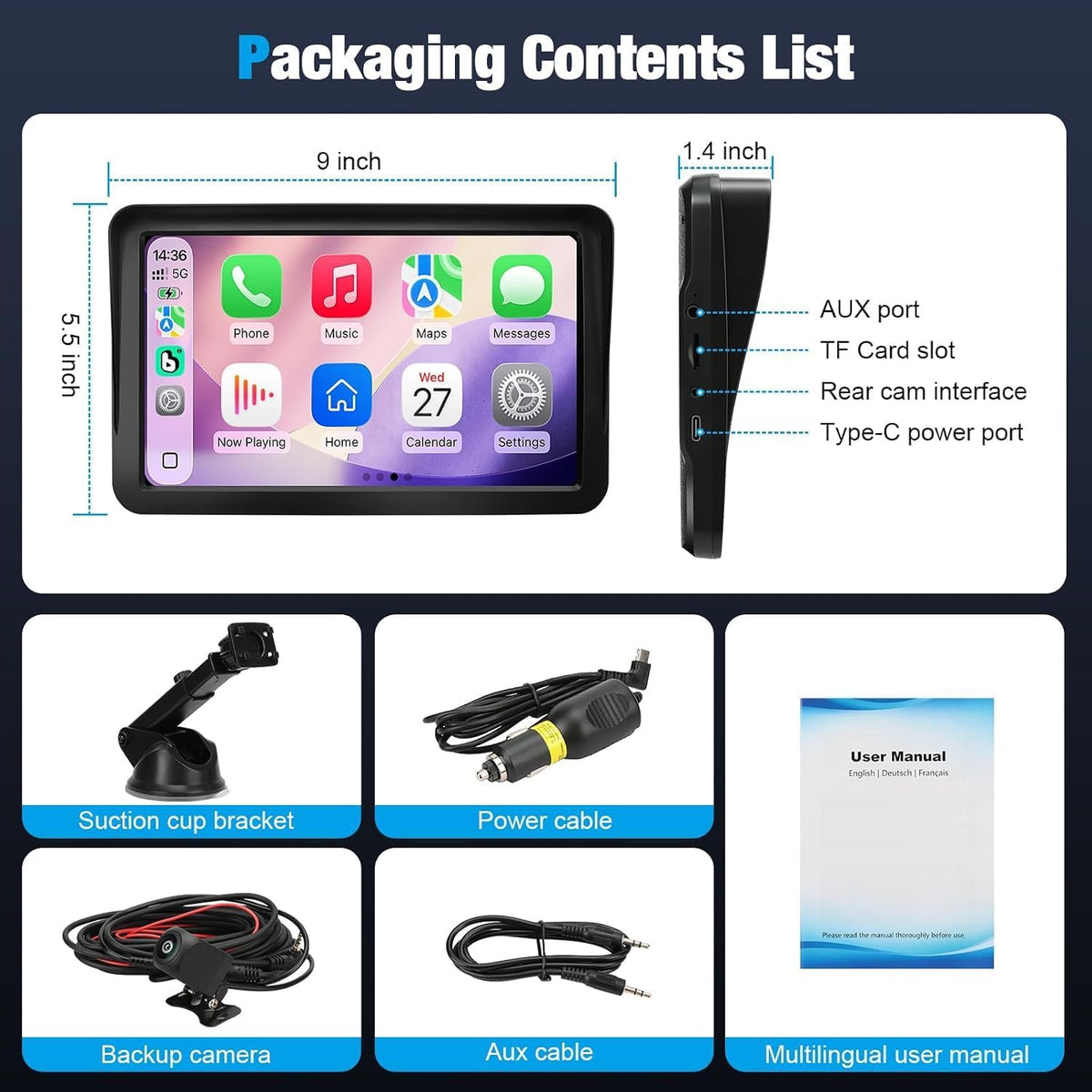 Carplay Screen for Car, 9 inch Wireless Carplay (Black)
