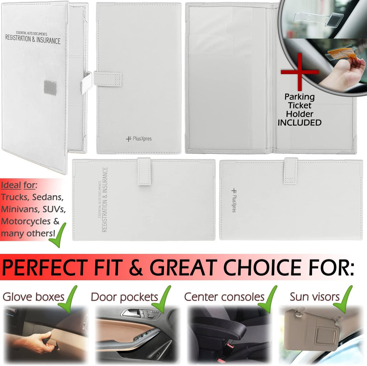 PlusXpres Registration and Insurance Card Holder - Car Organizer - White | Vehicle Glove Box Document Organizer, Auto Essential Paperwork Holder for Contact Information Cards, Interior Car Accessories