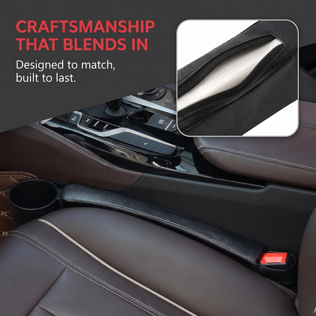 Tumecos Car Seat Gap Filler Pad PU Leather Console Side Pocket Organizer with One Cup Holder for Cellphone Wallet Coin Key 2 Pcs (Black+Red Surface)