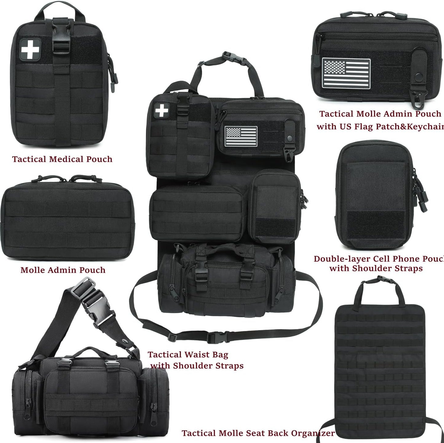 6 Pack Tactical Molle Car Seat Back Organizer,Backseat Organizer for Man | Tactical Vehicle Panel Organizer with 5 Detachable Molle Pouch,US Flag Patch and Keychain,Great Trunk Accessories