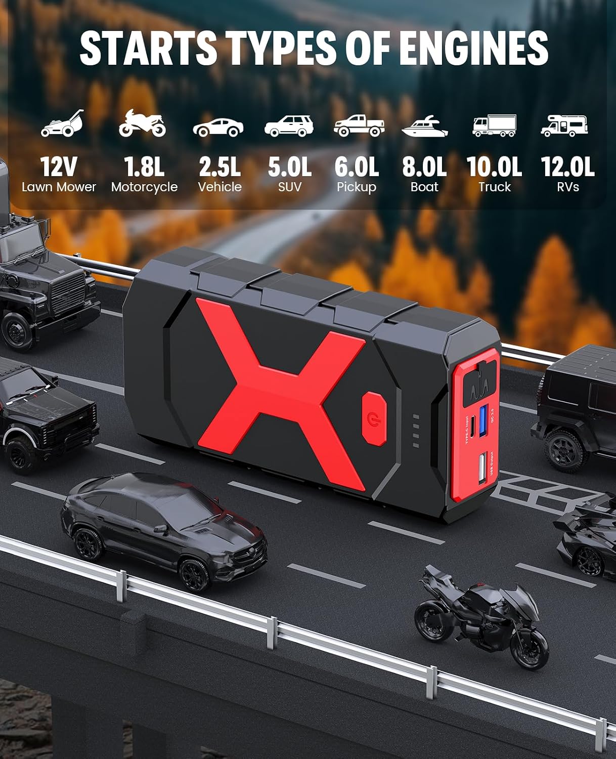 BOOKOO A9 Jump Starter 4000A for Car,Boat,Lawnmower 12L Gas&10L Diesel Engines Portable 12V Car Battery Jump Starter with Jumper Cables,Quick Charging USB Ports and USB C,3 LED Modes and Storage Box