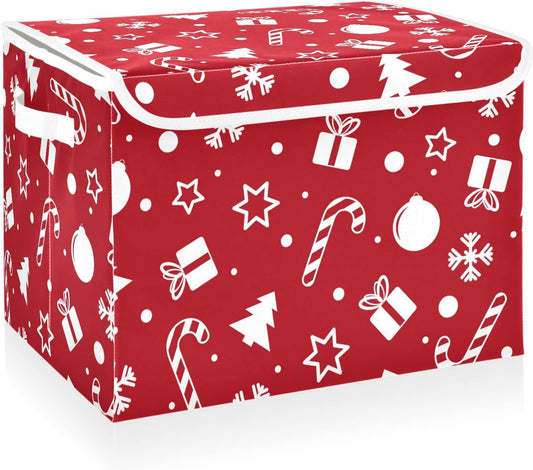 CaTaKu Large Fabric Storage Bins With Lids, Red Christmas Tree Storage Boxes With Handles for Organizing Clothes, Collapsible Storage Cube Bins Baskets for Shelves