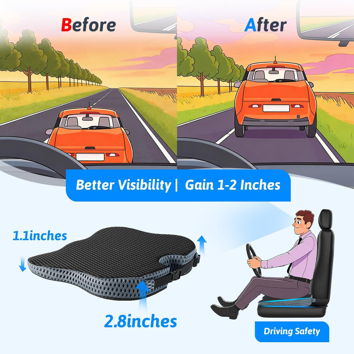 Wedge Car Seat Cushion for Driving for Better Visibility & Sciatica Relief