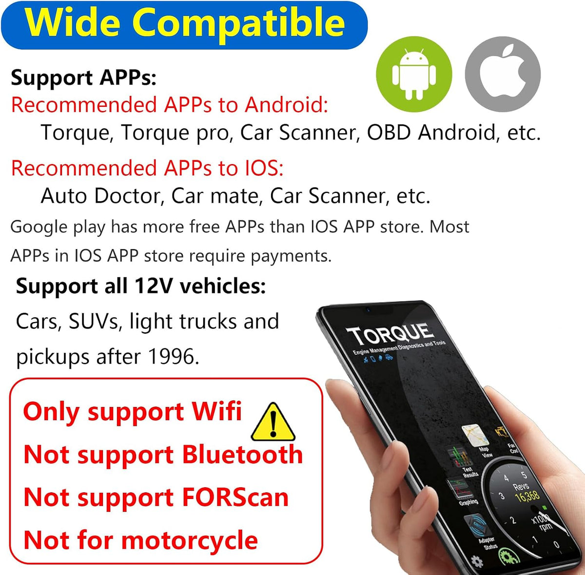 WiFi ELM327 OBD2 Adapter Scanner Reader for iOS iPhone and Android Phones OBD2 to WiFi OBD 2 ELM 327 Adapter Scanner Diagnostic Scan Tools OBDii ELM327 Interface Code Readers for Ford GM Chevy etc