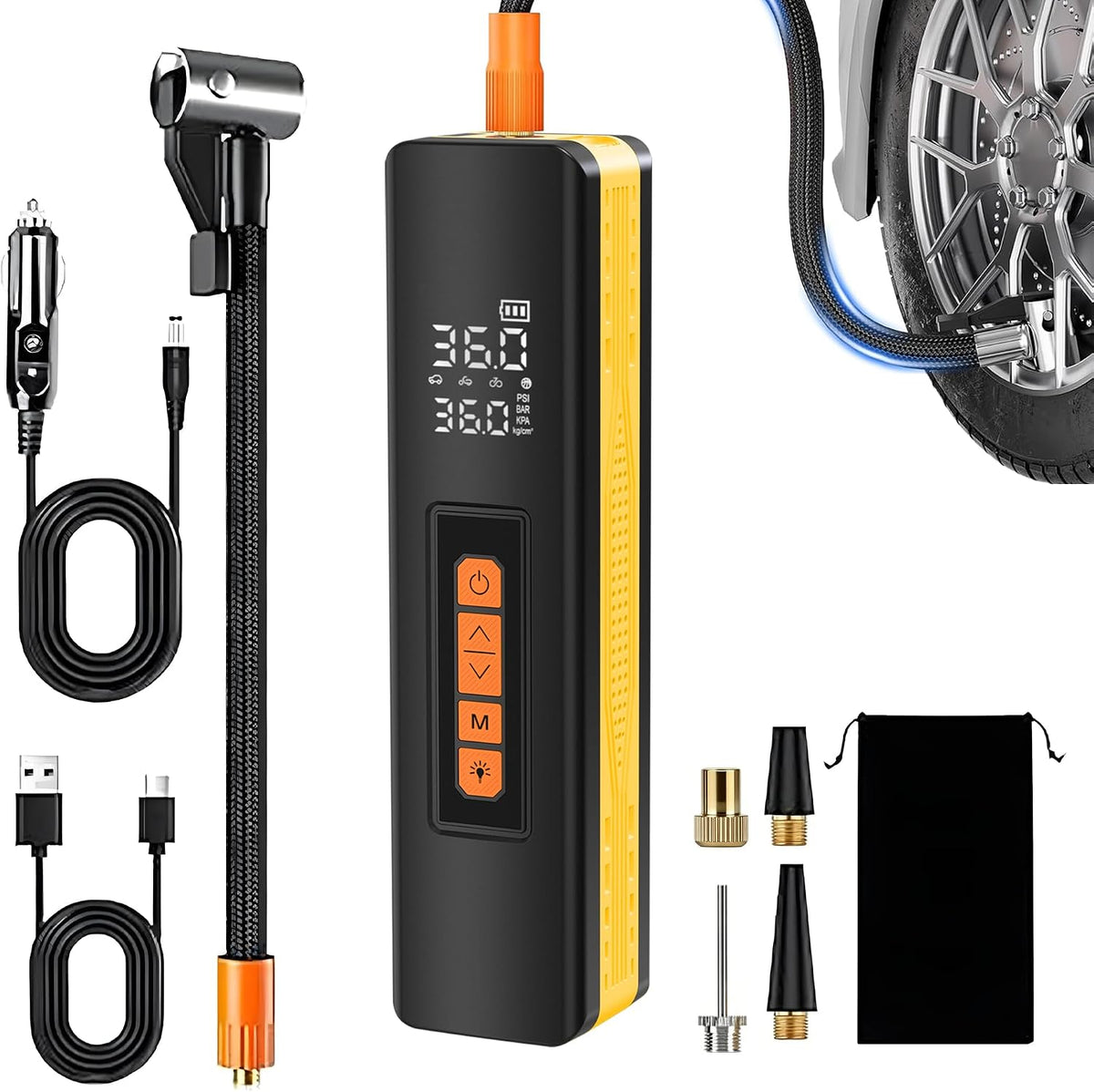 Tire Inflator Portable Air Compressor, 5X Faster 150 PSI Portable Tire Inflator for Car, Built-in Magnetic Storage, Auto Shut-Off Cordless Air Pump, LED Light for Cars, Motor, Bikes