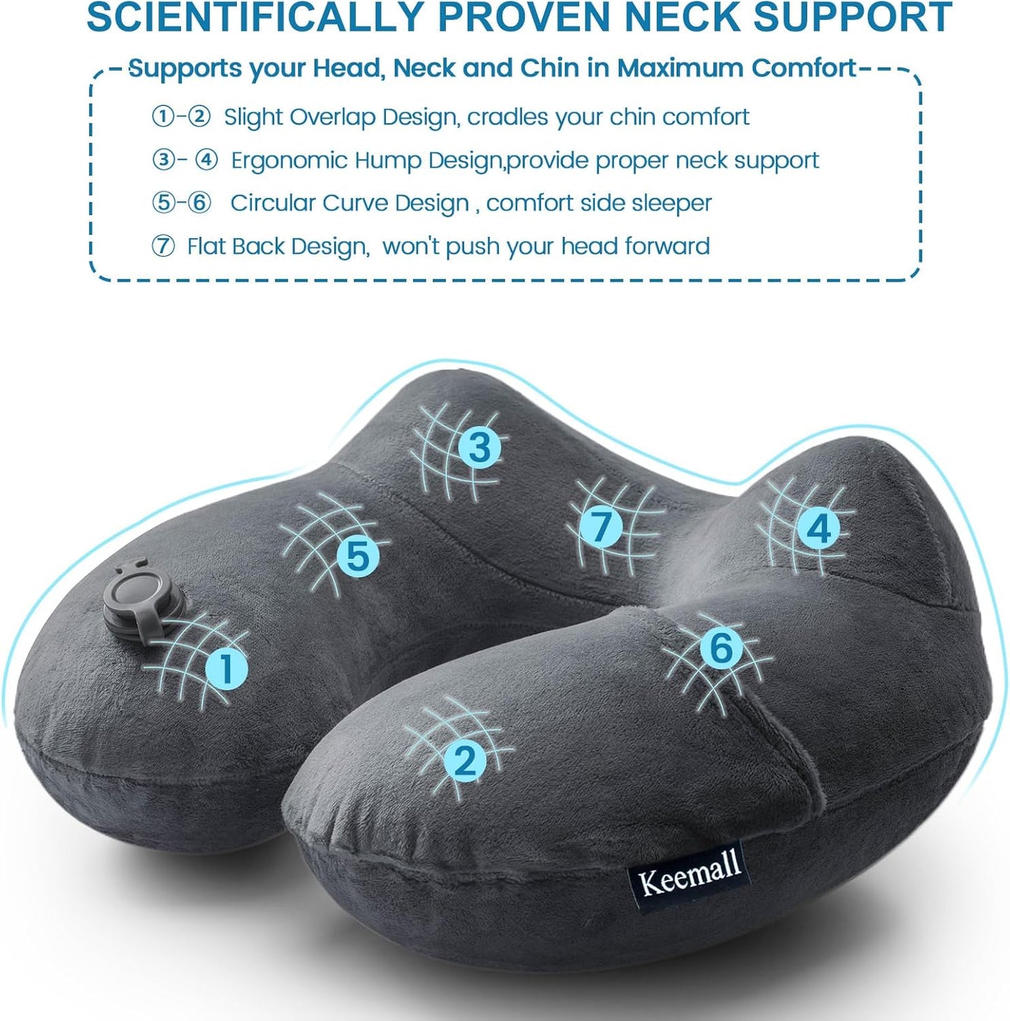 Keemall Inflatable Travel Pillows for Airplanes, Easy Blow Up Inflatable Travel Neck Pillows for Air Travel Sleeping Long Flight, Comfort Travel Air Pillows for Car Train Office Nap Camping