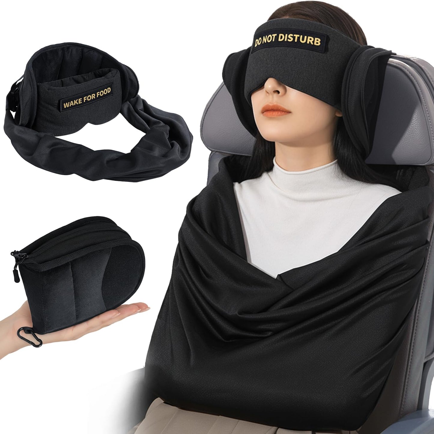 Travel Pillow and Blanket Set, Compact Airplane Pillow Bag with Eye Mask for Long Flights Sleeping, 360° Support Head Strap Travel Essentials for Plane Sleep Neck Upright, Stop Head Bodding (Black)