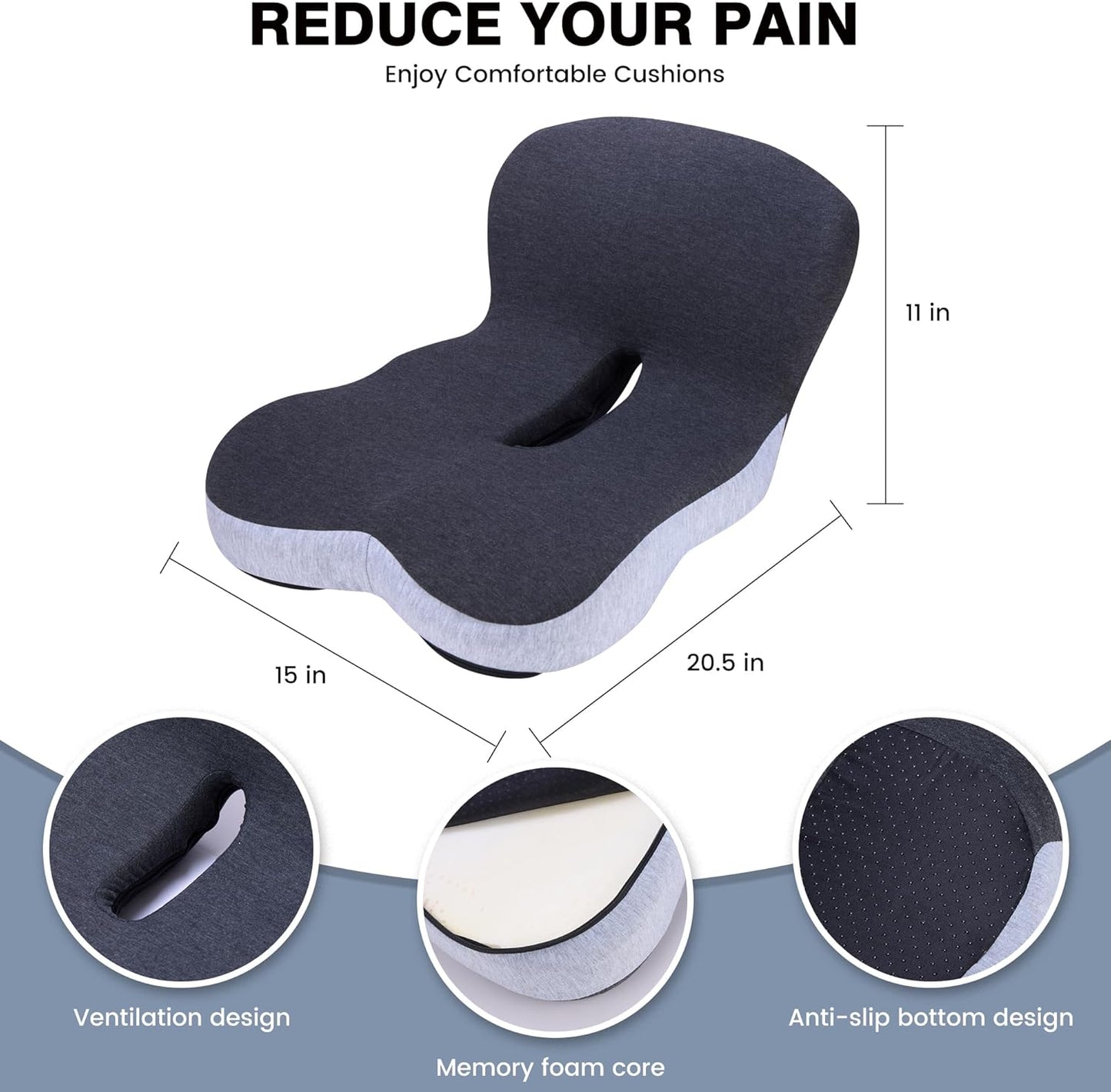 Memory Foam Car Seat Cushion – Ergonomic Driver Seat Cushion for Sciatica & Tailbone Pain, Breathable Non-Slip Car Seat Pad with Lumbar Support for Car, Truck, SUV, Office Chair