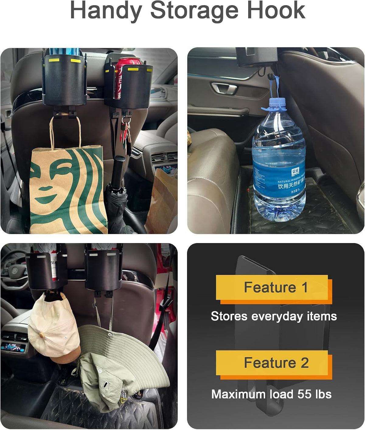 Headrest Cup Holder for Back Seat, Stable Spill-Resistant Drink Holder with Hooks for Bags, Fits 50oz Bottles, Compatible with Sedans, SUVs, and Trucks 2 Pack